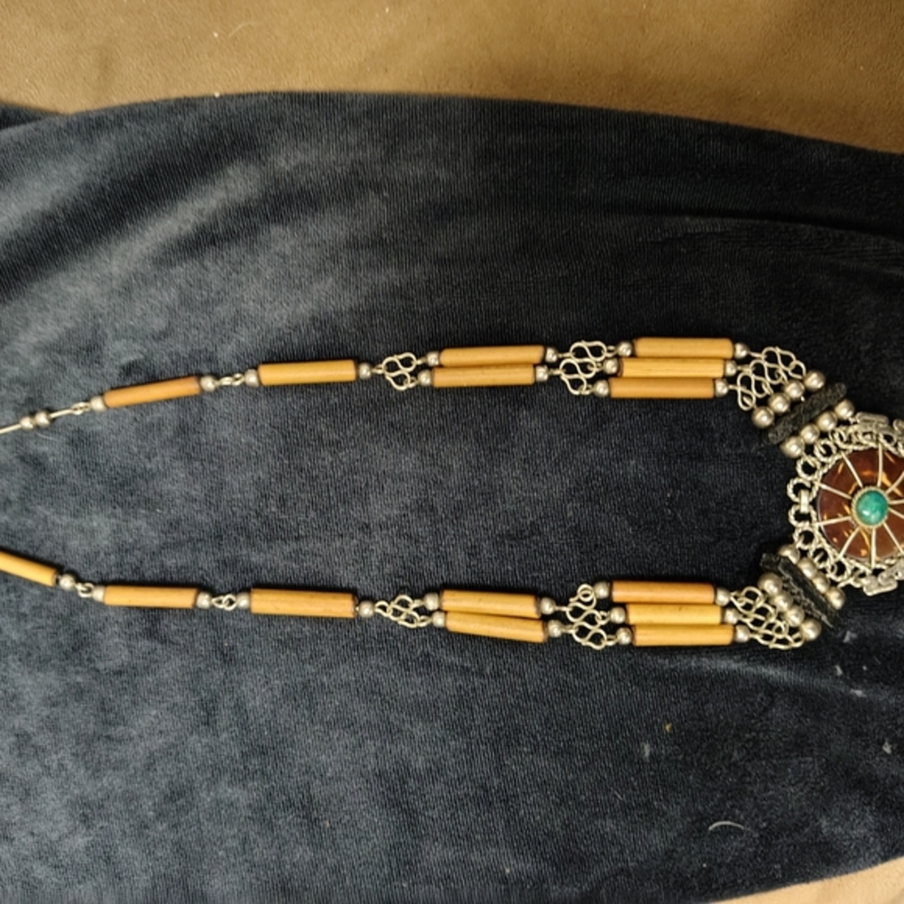 Silver Wire Bamboo Necklace Sleepy Hollow Turquoise Boho Peruvian Vintage